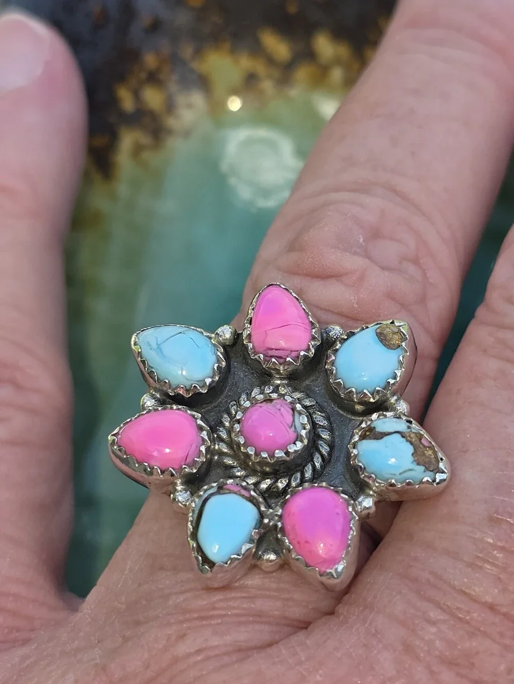 Cotton Candy Turquoise Gemstone Ring In 925 Sterling Silver (Adjustable)
